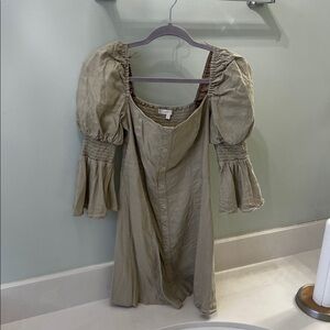 Wayf Linen Tan Long Sleeve Dress with Button Detail Juliet Sleeve Size M